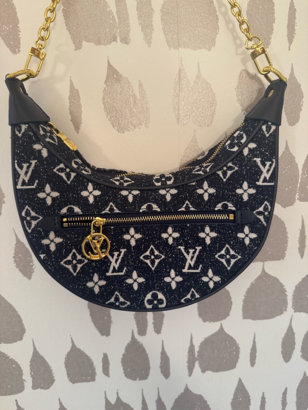 Navy Monogram Crescent Shoulder Bag